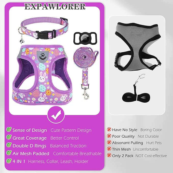 EXPAWLORER Easter Small Dog Harness - Dog Collar and Leash Set - Soft Mesh Padded Adjustable Step in Puppy Vest Harness No Pull, Reflective Escape Proof for Outdoor Walking, Bunny Egg S
