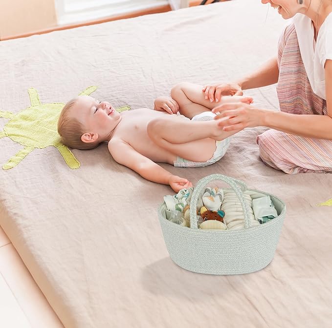 Diaper Caddy Organizer Cotton Rope Baby Basket Nursery Storage and Portable Tote Bag for Car Ideal Baby Shower Gifts and Registry Must-Have for Newborn Essentials Large light green