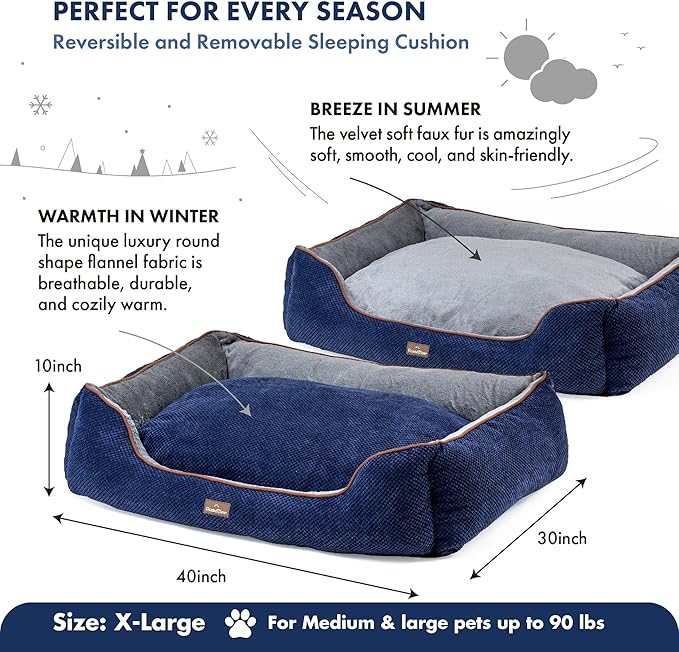 GRANDTIES Fluffy Dog Beds for Small Medium Large Dogs & Cats, Machine Washable Dog Bed, Rectangle Breathable Soft Calming Sleeping Warming Pet Beds with Waterproof & Non-Slip Bottom (XL 40", Navy)