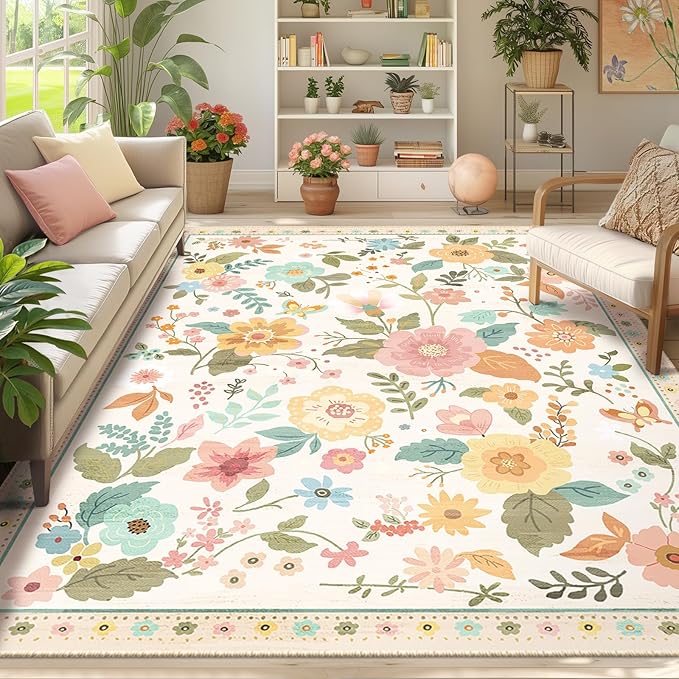 Floral 9x12 Area Rug Machine Washable Soft Print Boho Carpet Non Slip Doormat Low Pile Flower Area Rugs for Living Room Bedroom Nursery Kitchen Dining Room Indoor-Beige/White/Orange