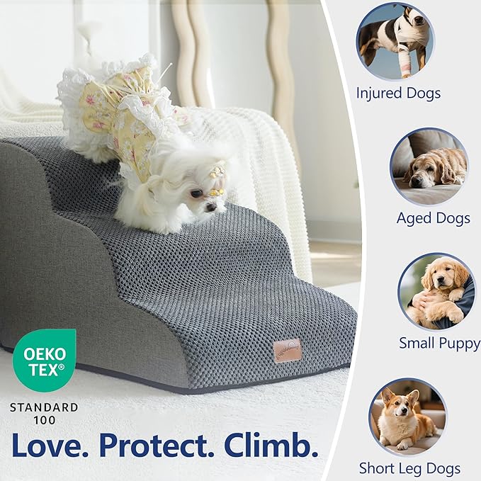 GoGoBunny Waterproof High Density Foam Curved Dog Stairs for High Beds Couches 19.7" H, 4-Step Ramp Dog Steps Friendly to Small Medium Dogs or Pets Joints, Non-Slip Balanced Durable Pet Step, Grey