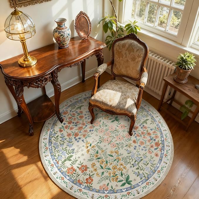 Washable Round Rugs for Bedroom 4ft: Living Room Rug Stain Resistant Non Slip