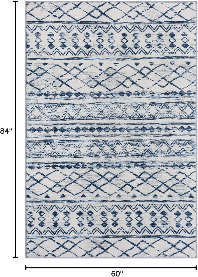 KUTA Area Rug 5x7, Moroccan Large Blue White Rugs Washable Boho Non-Slip