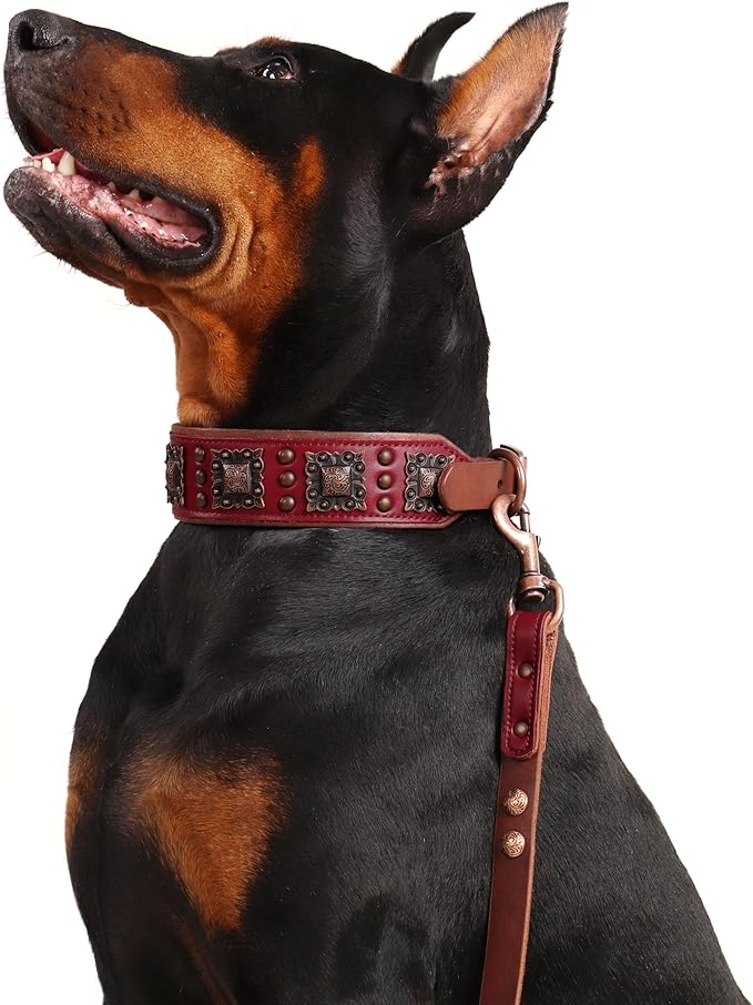 PET ARTIST Genuine Leather Dog Collar for Large Dogs, 2 inch Wide Luxury Dog Collar with Rivet Studded & Metal Buckle, Comfortable & Stylish Pet Collars for Great Dane Rottweiler,Red,Neck 22-25"