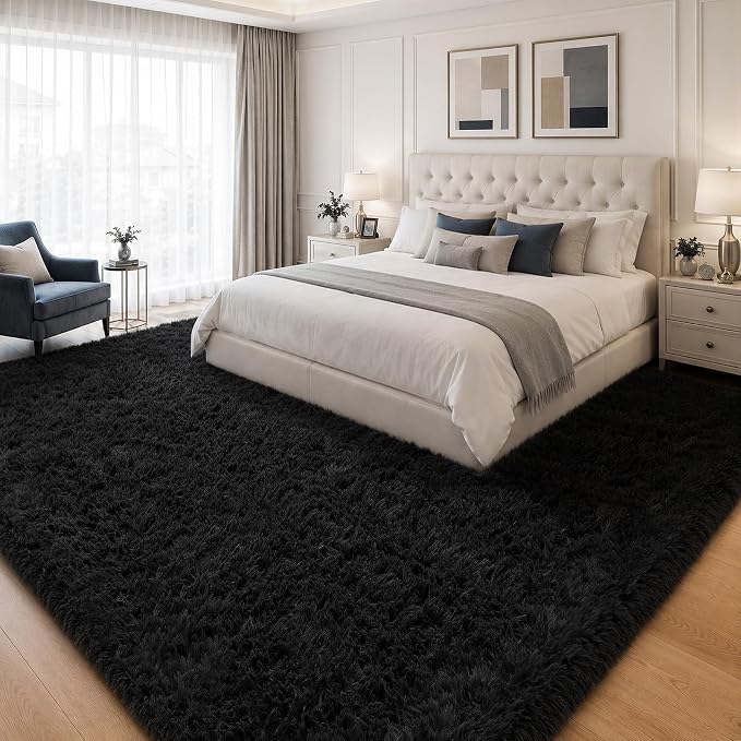 Area Rug for Living Room Bedroom: 6x9 Black Soft Fluffy Shag Upgrade Non-Slip