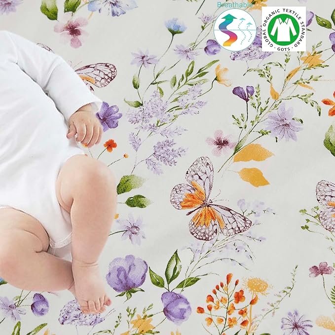 Brandream Wildflower Butterfly Crib Bedding Sets for Girls Nursery Set 3-Piece Farmhouse Quilt Comforter Set, Baby or Toddler Fitted Sheet, Double Crib Skirt, Cotton