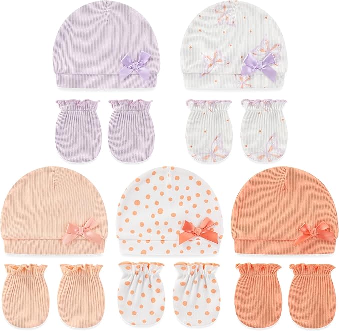 Cute Baby Girl Hats Mittens Set 10-Pack New Born Boy Caps Gloves Suit 0-6 Months Infant Accessories