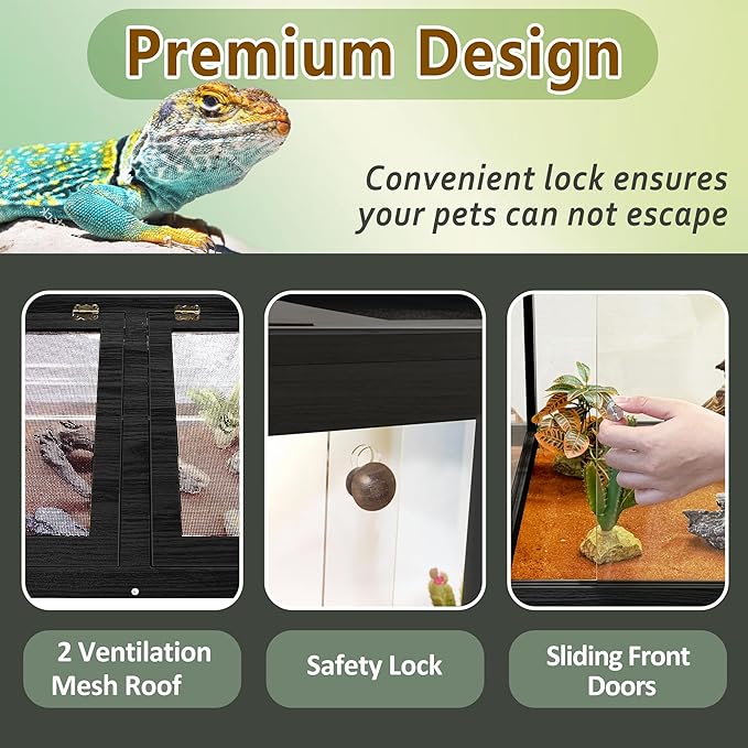 PROLEE Bearded Dragon Tank,28 Gallon Tempered Glass Reptile Tank with Mesh Roof and Front Sliding Door, Anti-Scratch Lizard Tank,Spacious Reptile Enclosure for Snakes,Lguanas, Chameleons(Black)