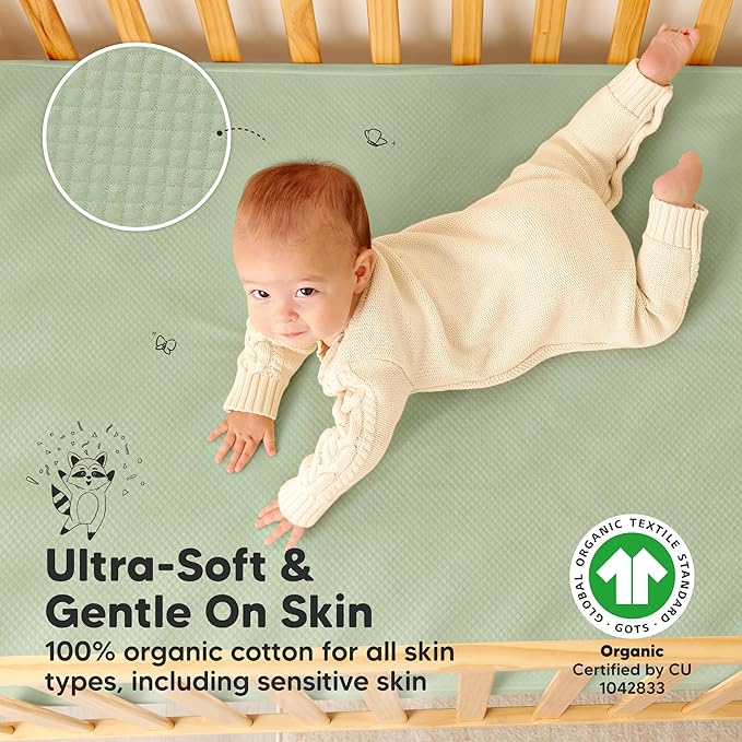 Waterproof Crib Mattress Protector Cover Fitted - 2-Pack Quiet Baby Crib Mattress Pad Sheets, 52" x 28" Soft Quilted Cotton Baby Sheet, Machine Washable, Easy Fit, Durable (Soft Fern/Quin)