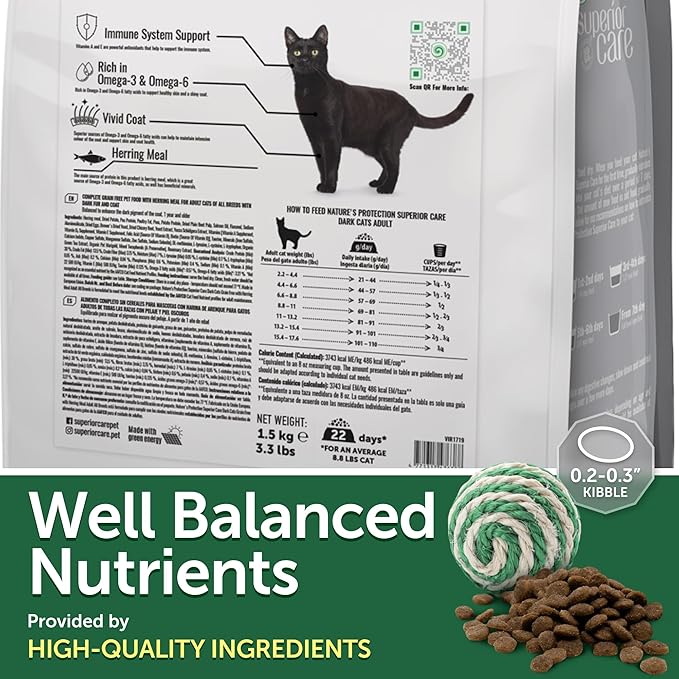 Nature's Protection Dry Cat Food - Grain Free, High Protein Cat Food Dry Kibble for Indoor Adult Cats with Dark Fur - Sensitive Stomach, No Tear Stains & Hairball (Superior Care - Herring, 3.3 lb)
