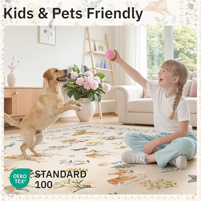 Soalmost Dog 6x9 Area Rugs for Living Room, Machine Washable Animal Floral
