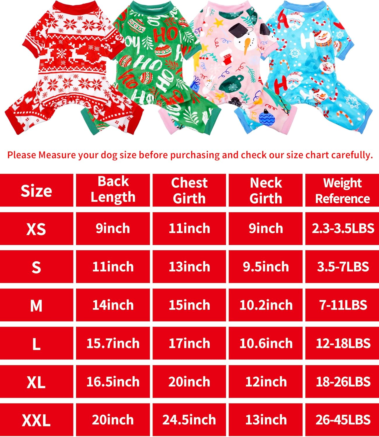 PET SHOW 4 Pack Dog Christmas Pajamas Holiday Dog Clothes for Small Medium Dogs Girl Boy Soft Stretchy PJs Xmas Jumpsuit Puppy Onesies Red Green Outfits with Sleeve Pets Dachshund Costume XXL