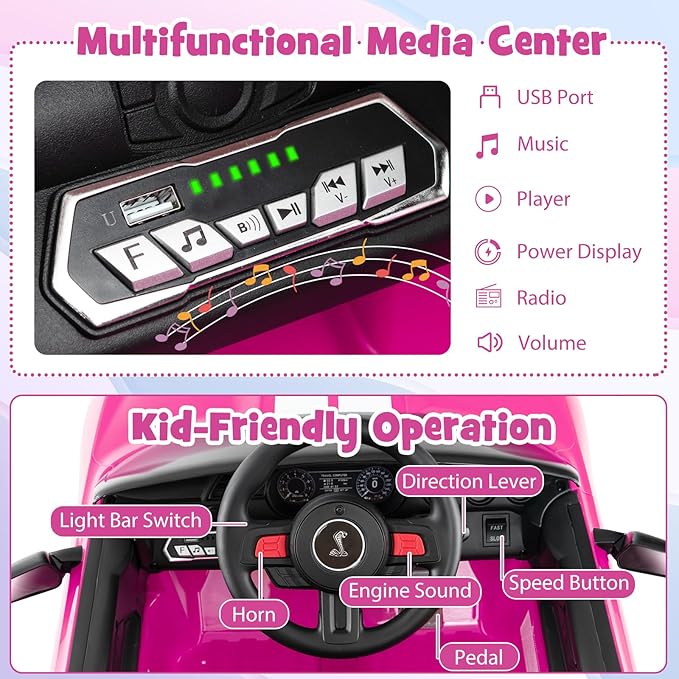 Costzon Ride on Car, 12V Licensed Ford Mustang Shelby GT500 Kids' Electric Vehicles w/Remote Control, USB Port, Radio, Music, Player, High Low Speed & Soft Start, Racing Kids Car for Toddlers (Pink)