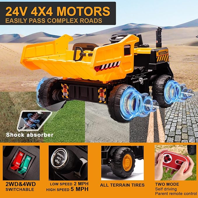 24V Ride On Dump Truck, 24inch-2 Seater Ride On Car for Kids w/Remote Control 4WD/2WD Up to 5 Mph, 24v Ride on Toys for Big Kids w/Electric Dump Bed Extra Shovel Traffic Cones (Yellow)