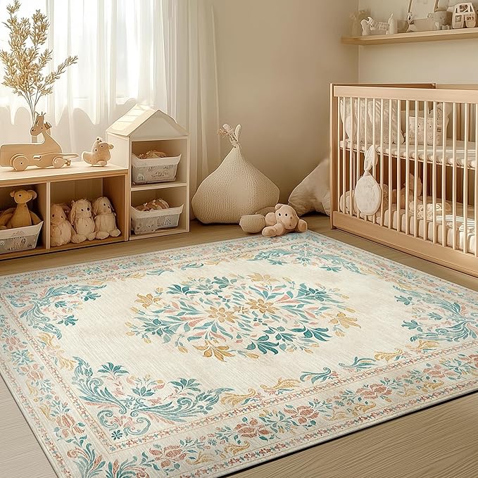 jinchan Floral 5x7 Area Rugs for Nursery - Machine Washable Vintage Distressed Design Soft Ultra-Thin Low-Pile Non-Slip Kids Carpet for Bedroom Living Room Dining Room Home Office (5x7ft,Apricot)