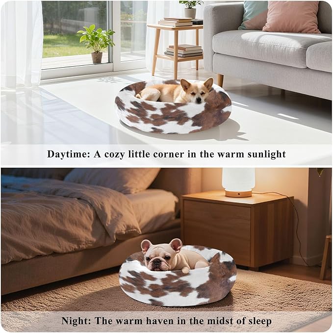 Round Cat Bed Dog Bed,15.7in Cow Print Washable Non-Slip Bottom Soft Pet Bed for Small Medium Dogs and Cats