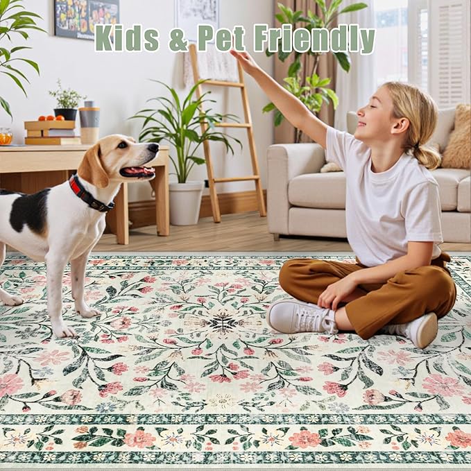 8x10 Area Rugs for Living Room: Floral Washable Rug Vintage Large Soft Boho Non-Slip Carpet Indoor Stain Resistant Low Pile Carpets for Bedroom Dining Room Farmhouse Nursery Home Office Green Beige