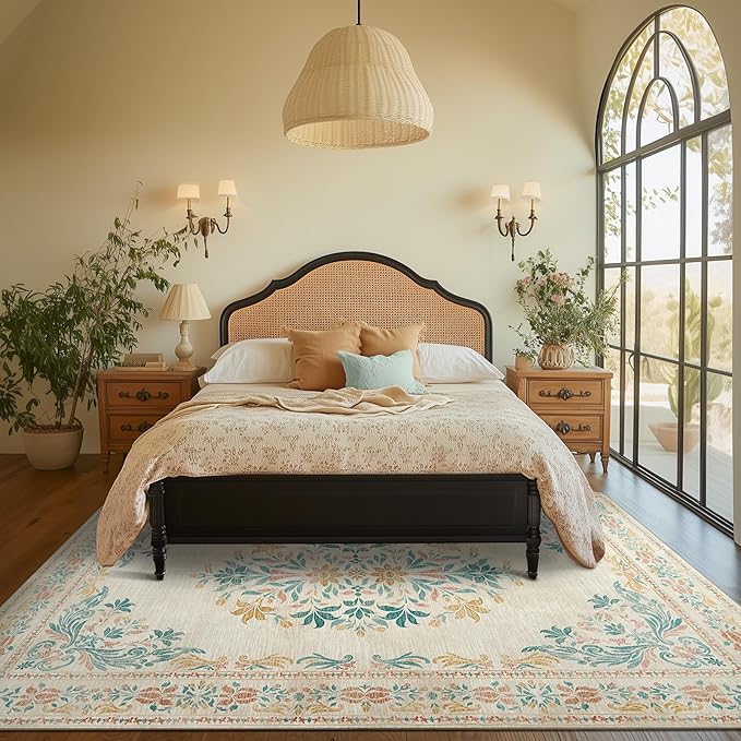 jinchan Vintage Floral 6x9 Area Rugs for Living Room - Machine Washable Distressed Design Soft Throw Rug Ultra-Thin Non-Slip Large Carpet for Bedroom Nursery Dining Room Home Office (6x9ft,Apricot)