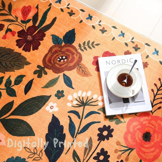 Rugcomf Round Rug 6ft Washable Circle Rug Non Slip Low Pile Boho Floral Small