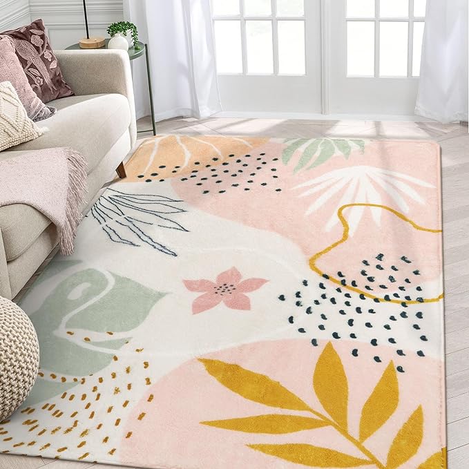 Lahome Pink Rug for Living Room - 5x7 Area Rug Washable Non-Slip Boho Rugs for Bedroom Throw Cute Soft Kids Nursery Rug, Abstract Botanical Print Carpet for Classroom Dorm Entryway Office Dining Room