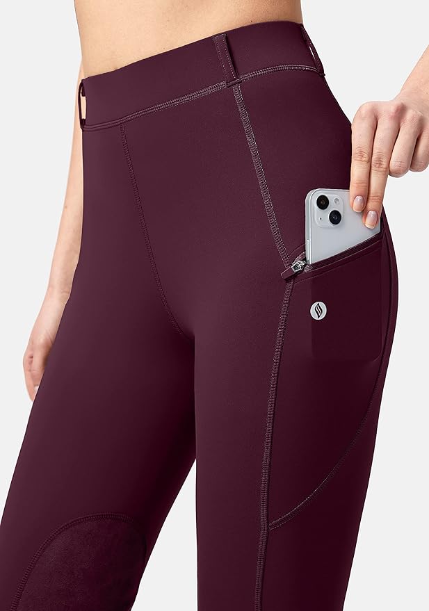 SANTINY Women's Horse Riding Pants with Zipper Pockets Knee-Patch Schooling Tights Equestrian Breeches for Women