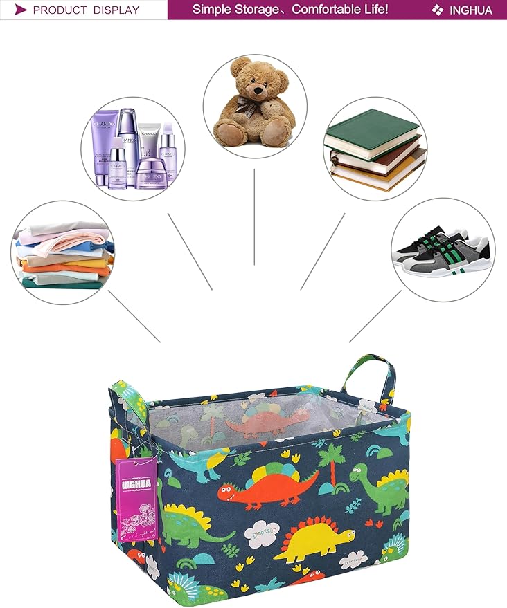 Rectangular Storage Basket Fabric Organizer Bin for Toys,Books,Clothes,Gifts,Pets-Perfect for Home,Office,Nursery,Dorm,Shelf(Rec Forest Dinosaurs)