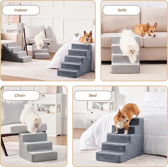 HYLEORY Dog Stairs for Bed 18''H, 4-Step Pet Stairs for Small Dogs Cats, Sturdy Pet Steps with Non-Slip Bottom, Functional Portable Dog Ramp for Couch/Chair/Sofa/Car, Storage Pocket, Light Grey-Grey