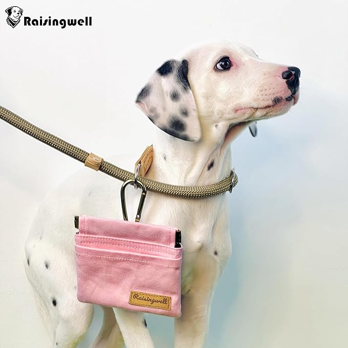 Pocket Sized Pet Training Pouch, Cotton Fabric, Hand Free Dog Walking Bag with Carabiner Self-Closing Pet Feed Snack Reward for Puppy Travel or Outdoor Use (PINK)