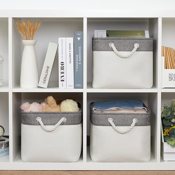 Bidtakay White Baskets with Cotton Rope Handles Decorative Storage Bins [3-pack] Fabric Bins for Organization Linen Closet Shelf Storage Baskets for Clothes Toys Towels 15 X 11 X 9.5 Inches