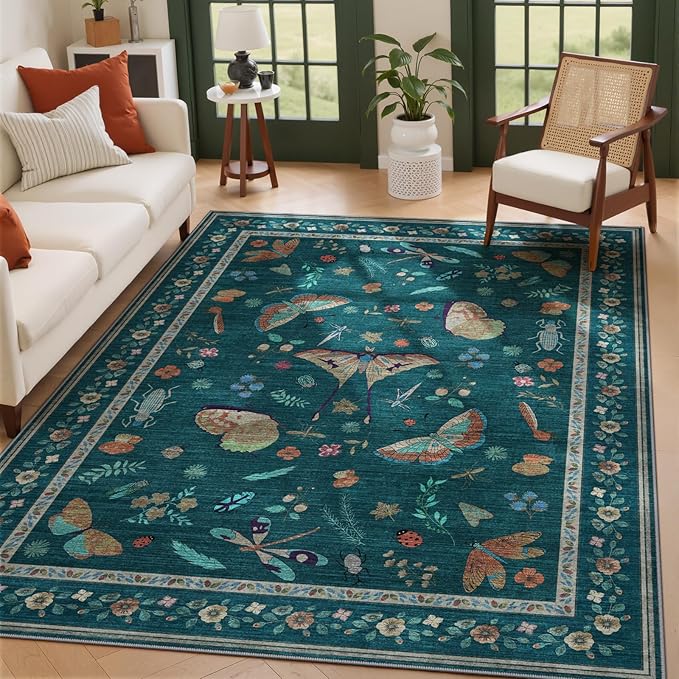 5x7 Washable Area Rug with Insect Print - Bug Rug Non-Shedding Stain Resistant Soft Carpet for Bedroom, Low Pile Ultra-Thin Machine Washable Carpet for Dining Room, Kids Nursery, Office (5'x7' Teal)