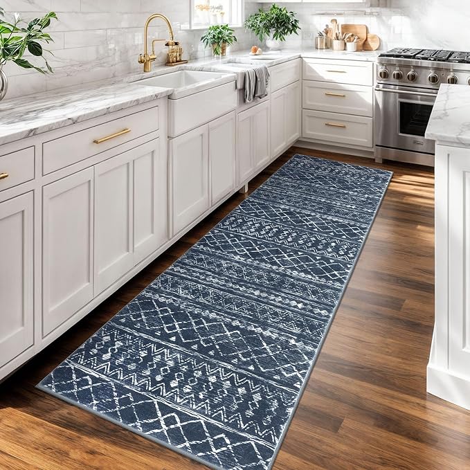 KUTA Moroccan Washable Runner Rug, 2x7 Non-Slip Vintage Navy Blue Boho Hallway