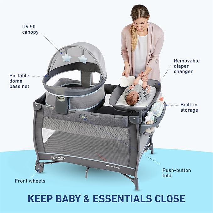 Graco Pack n Play Travel Dome DLX Playard, Astin with Portable Bassinet and Integrated Storage Organizer