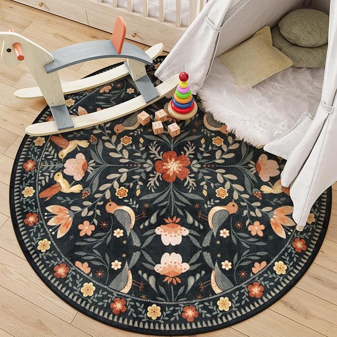 Moynesa Washable Round Rug 6ft, Ultra Thin Circle Living Room Area Rug Non Slip, Low Pile Soft Indoor Boho Bird 6'x6' Black Large Throw Carpet for Dining Room Under Table Office Bedroom