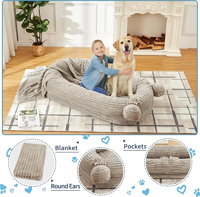 GarveeHome Human Sized Dog Bed, 71" x 45" x 12" Large Dog Bed with 2 Storage Pockets,Faux Fur Orthopedic Pet Bean Bed for Adults & Giant Pets - Khika