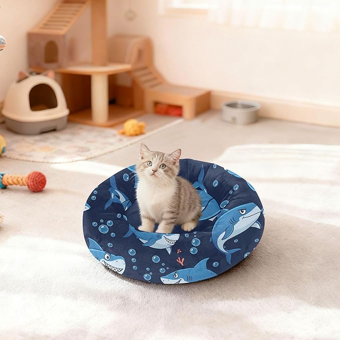Burbuja Sharks Donut Pet Bed, Calming Soft Dog Bed with Anti-Slip Bottom, Round Cuddler Support for Dogs & Cats, Washable 13 in