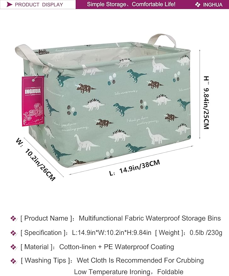 Rectangular Storage Basket Fabric Organizer Bin for Toys,Books,Clothes,Gifts,Pets-Perfect for Home,Office,Nursery,Dorm,Shelf(Rec dinosaur)
