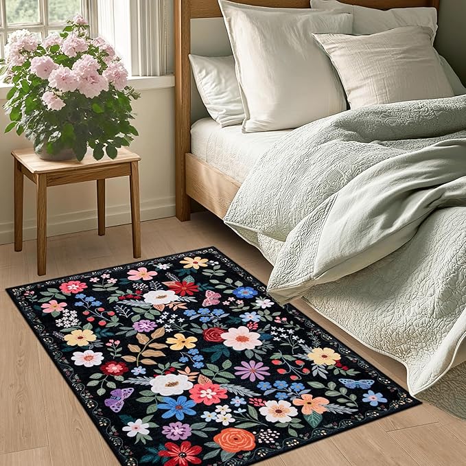 Entryway Rug 2X3 Small Rugs: Floral Washable Door Mat Vintage Soft Low Pile Non-Slip Kitchen Rugs Stain Resistant Indoor Throw Rug for Entrance, Bedroom, Kitchen, Laundry, Bathroom Black