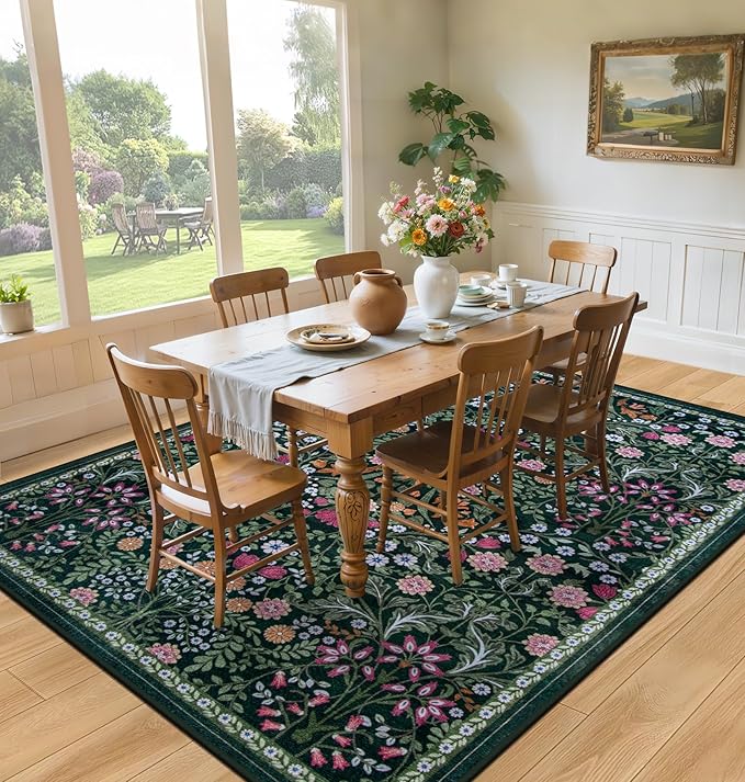 10x14 Area Rugs for Living Room: Floral Washable Rug Vintage Large Soft Boho Non-Slip Carpet Stain Resistant Low Pile Carpets for Bedroom Dining Room Farmhouse Nursery Hallway Home Office Dark Green