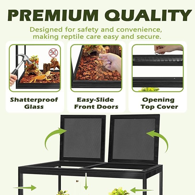 Prolee Tempered Glass Bearded Dragon Tank 28 Gallon,Reptile Encloure and Snake Tank with Metal Mesh Roof Door,Locking Design Reptile Tank for Lizard,Gecko,Chameleon (Black, 63 Gallon (40x20x20 Inch))