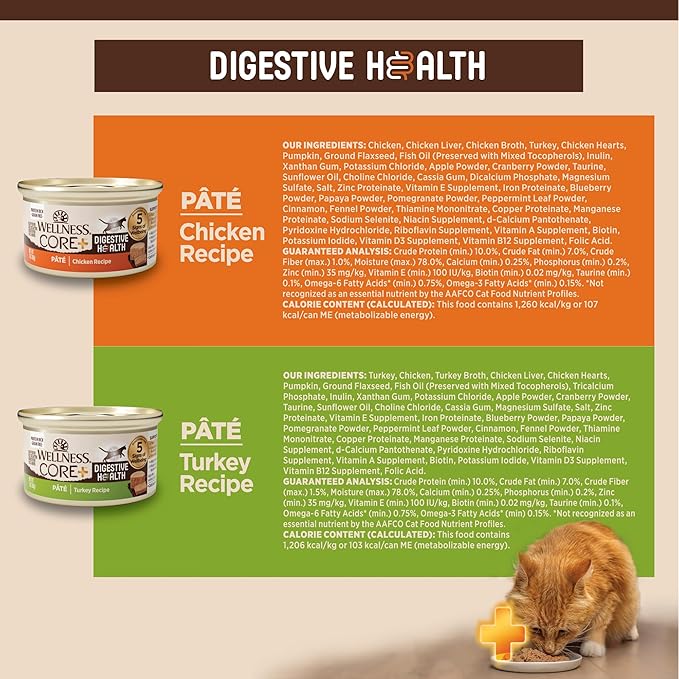Wellness CORE+ Digestive Health Pate Adult Wet Cat Food, Natural, Protein-Rich, Grain Free, 3 Ounce, 12 Pack (Chicken & Turkey Variety Pack)