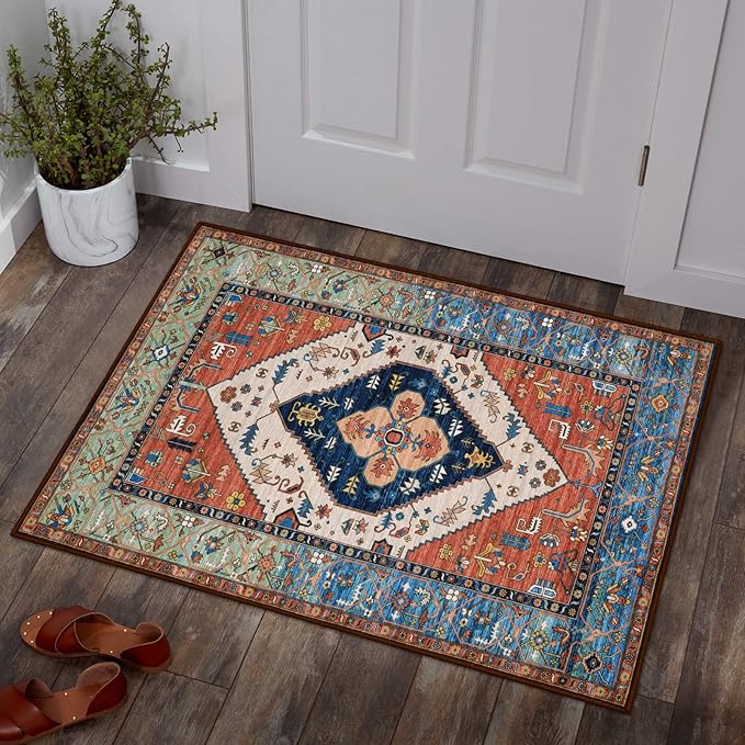 Lahome Boho 2x3 Washable Kitchen Rugs, Throw Non-Slip Backing Small Door Rug for Entryway Low-Profile Inside Door Mats, Oriental Indoor Doormat Carpet for Entrance Bathroom Laundry Living Room, Rust