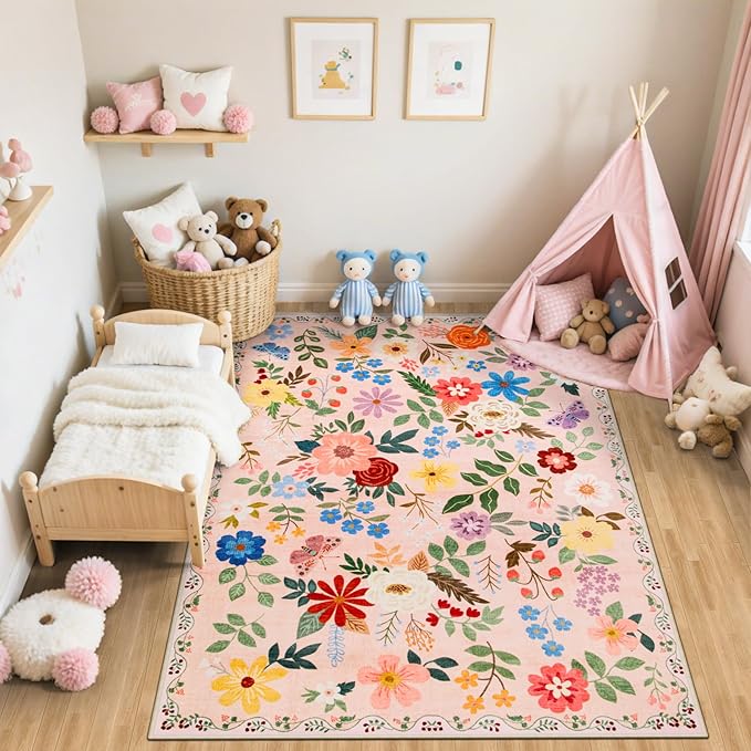 10x14 Area Rugs for Living Room: Floral Washable Rug Vintage Large Soft Boho Non-Slip Carpet Stain Resistant Low Pile Carpets for Bedroom Dining Room Farmhouse Nursery Hallway Home Office Beige