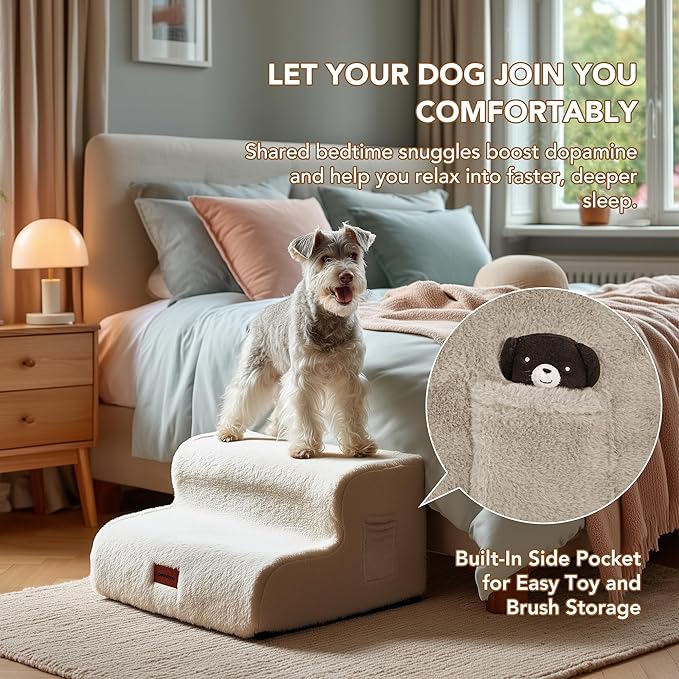 PETNOVO Ultra-Soft Rabbit Fur-Like Dog Stairs for Couch/Bed, Luxury Comfort 3-Step for Small & Senior Dogs, Non-Slip, Removable Washable Cover, OEKO-TEX Certified, 22.4"D x 15.7"W x 15.7"H, Off White