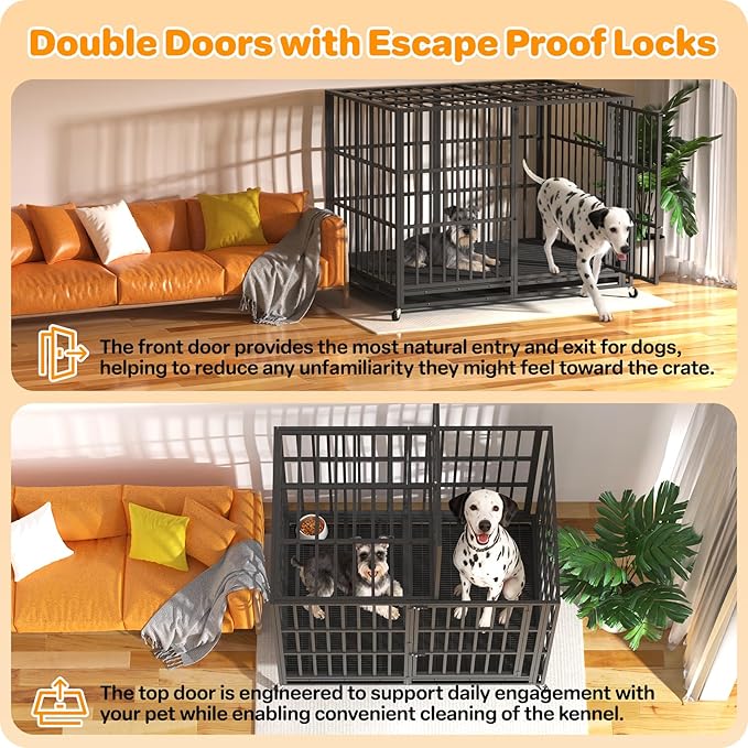 60 Inch Heavy Duty Dog Crate, Indestructible Escape-Proof Dog Kennel for High Anxiety Large Dogs, Strong Metal Pet Cage with Double Doors, Lockable Wheels & Removable Tray, XL XXL XXXL