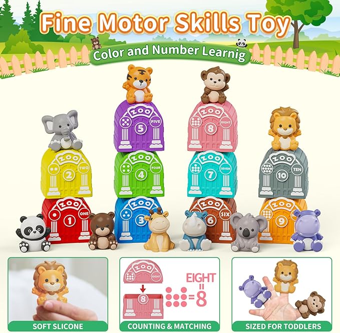 Learning Toy for Toddlers 1 2 3 Year Old, Montessori Educational Counting, Matching & Sorting Sensory Toys, 10 Safari Animals & 10 Zoos, Birthday Easter Gift for Baby Boy Girl Age 12-18 Months