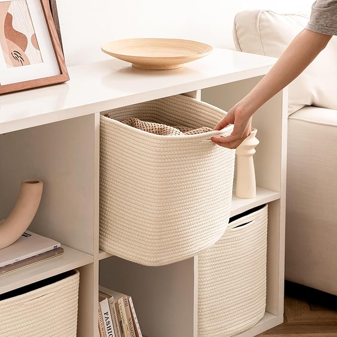 joybest Cube Storage Bins Set of 4, 13inch Cube Baskets Organizer for Nursery, Square Cotton Rope Baskets for Shelves Organizing, Kids Toy, Closet Storage, Beige