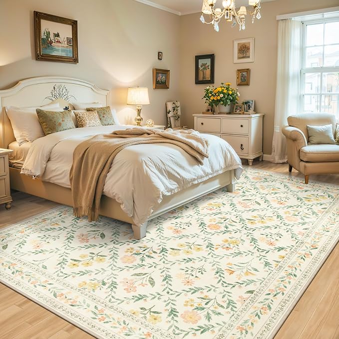 8x10 Area Rugs for Living Room: Floral Washable Rug Vintage Large Soft Boho Non-Slip Carpet Indoor Floor Stain Resistant Carpets for Bedroom Dining Room Farmhouse Nursery Home Office Beige/Multi