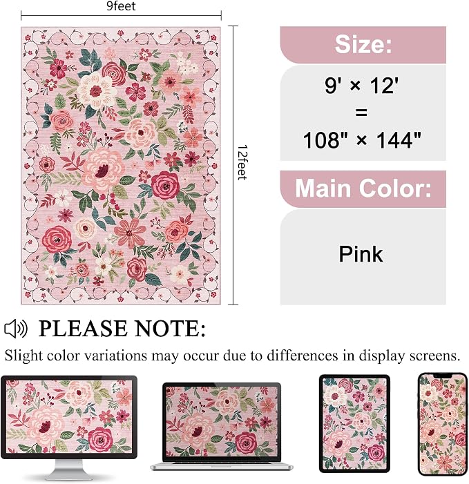 DUKINO 9x12 Area Rug, Floral Rugs