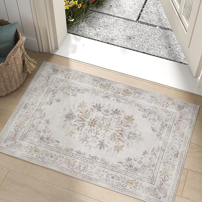 jinchan Floral 2x3 Rug for Entryway - Vintage Washable Area Rug Ultra-Thin Low Pile Soft Small Non Slip Distressed Indoor Door mat Accent for Entrance Kitchen Bedroom Bathroom (2x3ft,Light Grey)