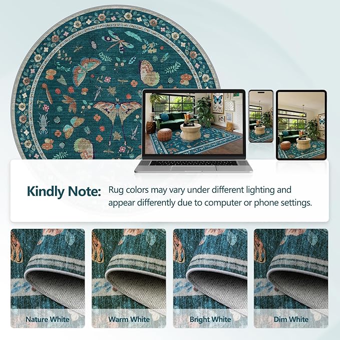 6ft Washable Round Rug - Bug Rugs for Living Room Non-Slip Low Pile Soft Ultra-Thin Machine Washable Circle Carpet for Bedroom, Entryway, Nursery, Kitchen, Home Office (6' Round Teal)